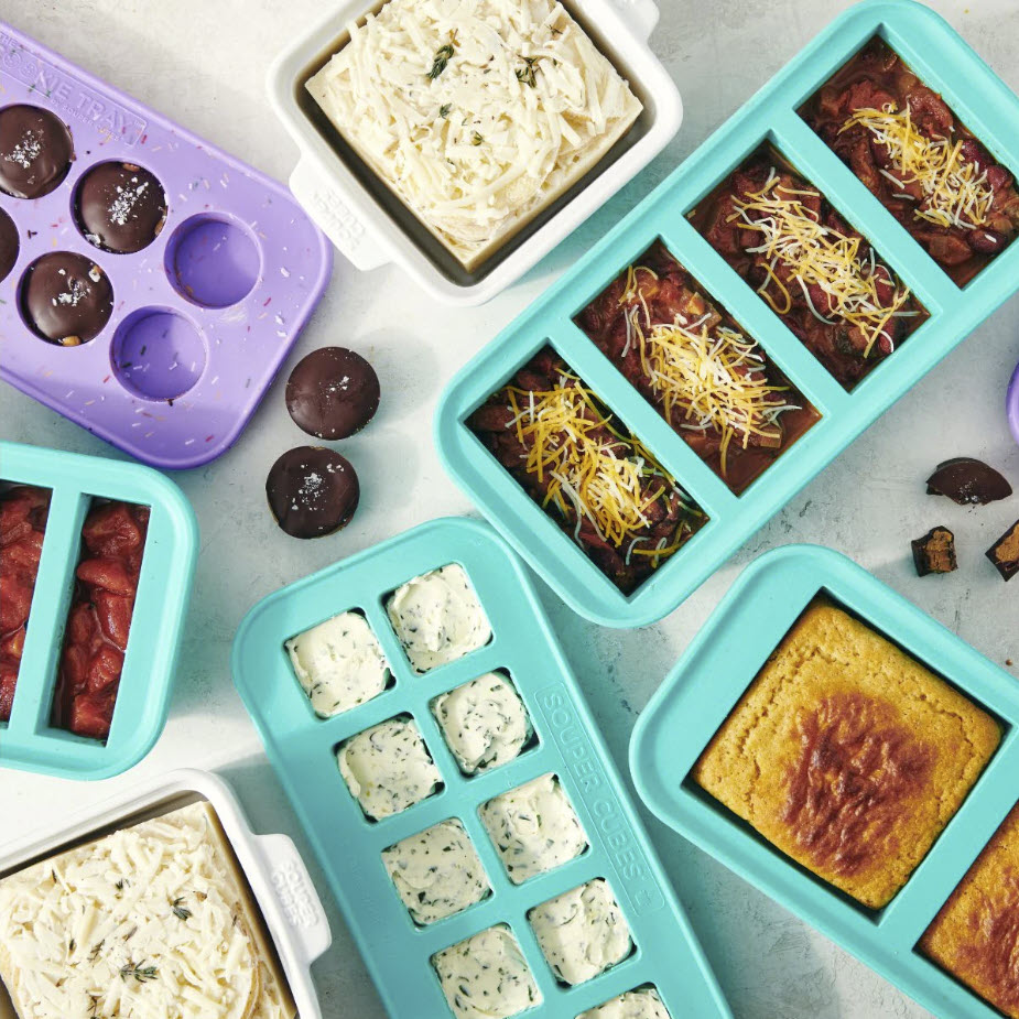 Selection of 6 different Souper Cubes products with food in them.