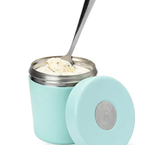 light blue ice cream canteen product with spoon in it.