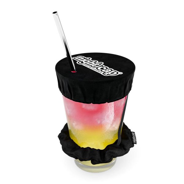 Nightcap cover over drink glass with straw in it.